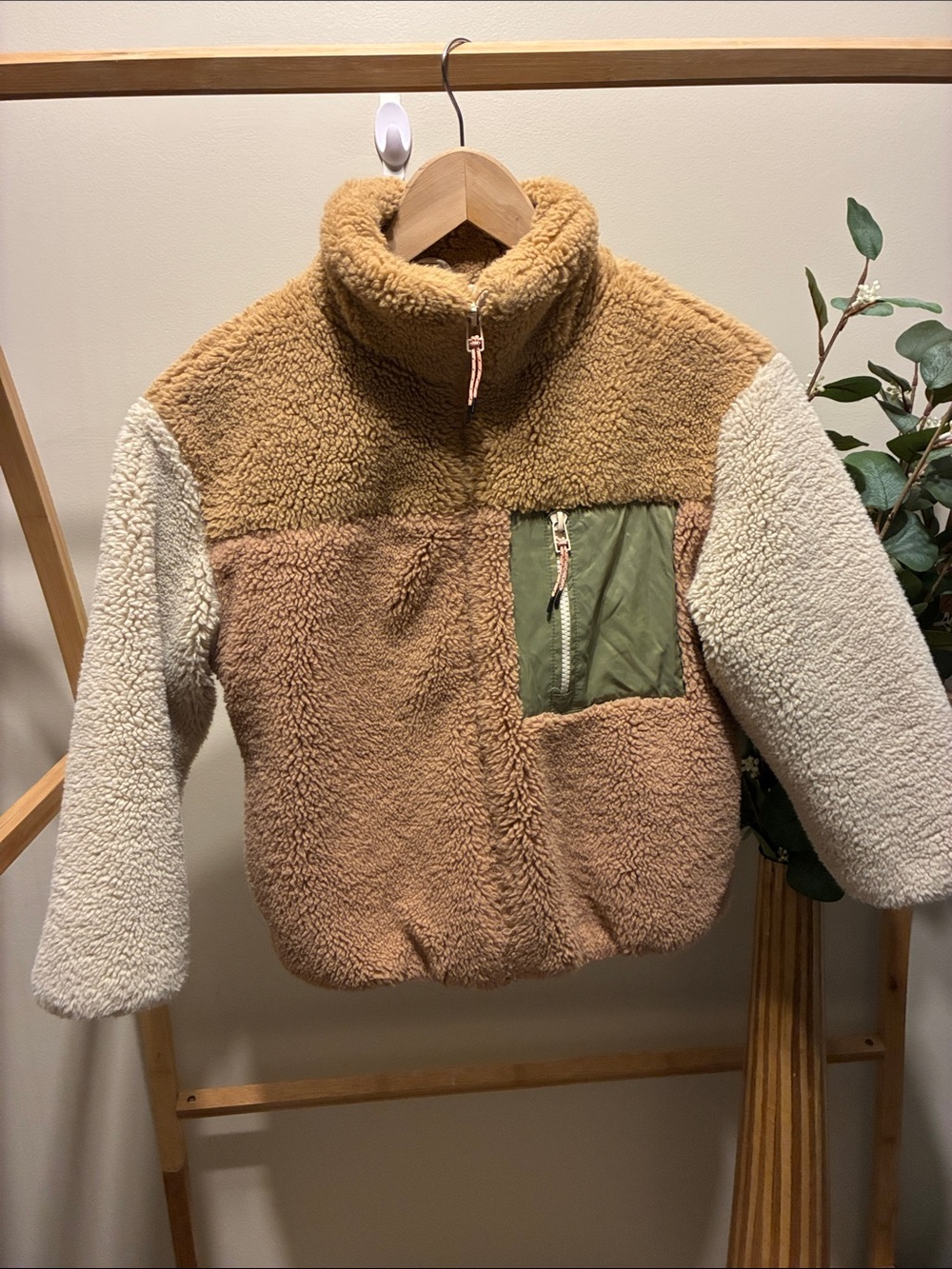 Zara Kids Colorblock Sherpa Puffer Jacket — Brown, Cream & Olive